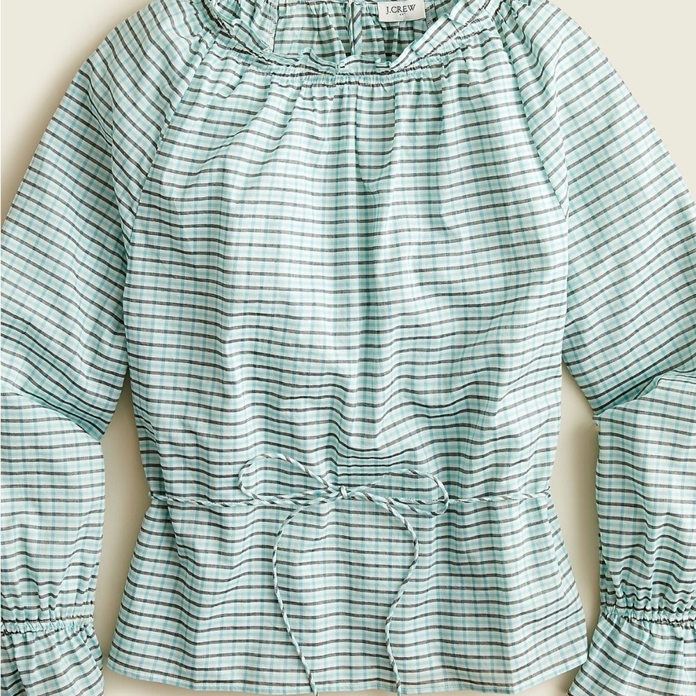 NEW J Crew Plaid Ruffle-Neck and Cuff Long Sleeve Top - Green Grey and White